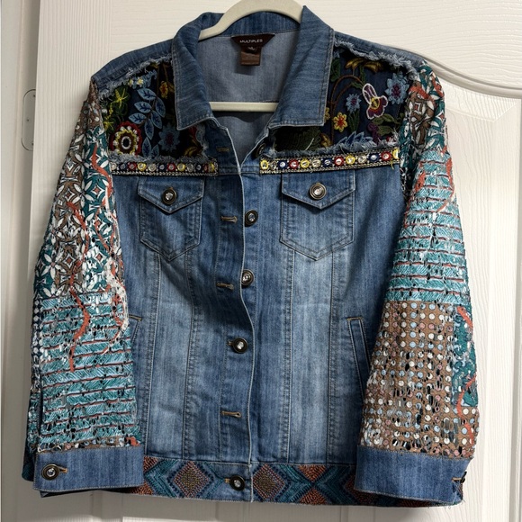 Multiples Jackets & Blazers - Multiples Blue Denim Jacket with Multicolor Embroidered Sleeves